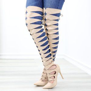 Women Faux Suede Nude Gladiator pointed Toe Stiletto Thigh High Heeled Boot